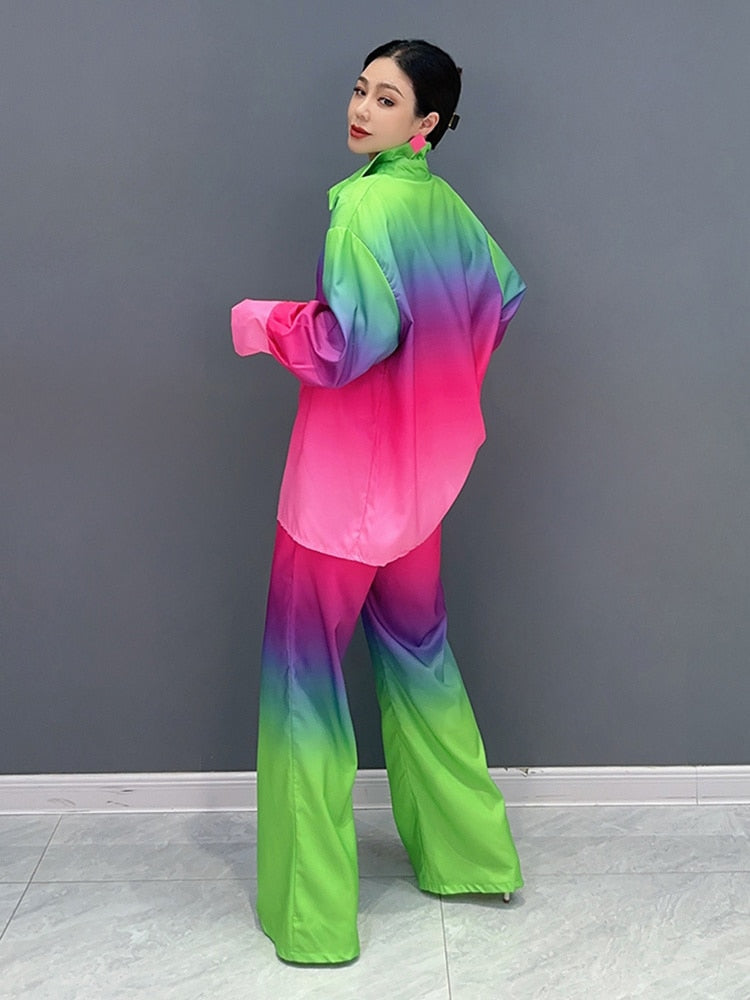 Casual Chic Gradient Long Sleeve Blouse & Loose Pants 2-Piece Set