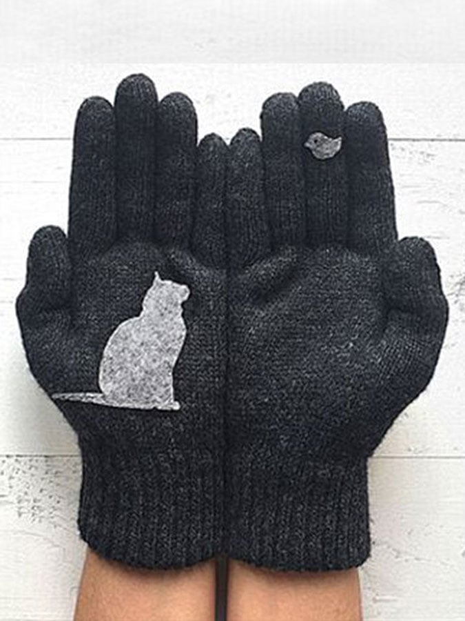 Women's cold-proof warm cat print knitted gloves