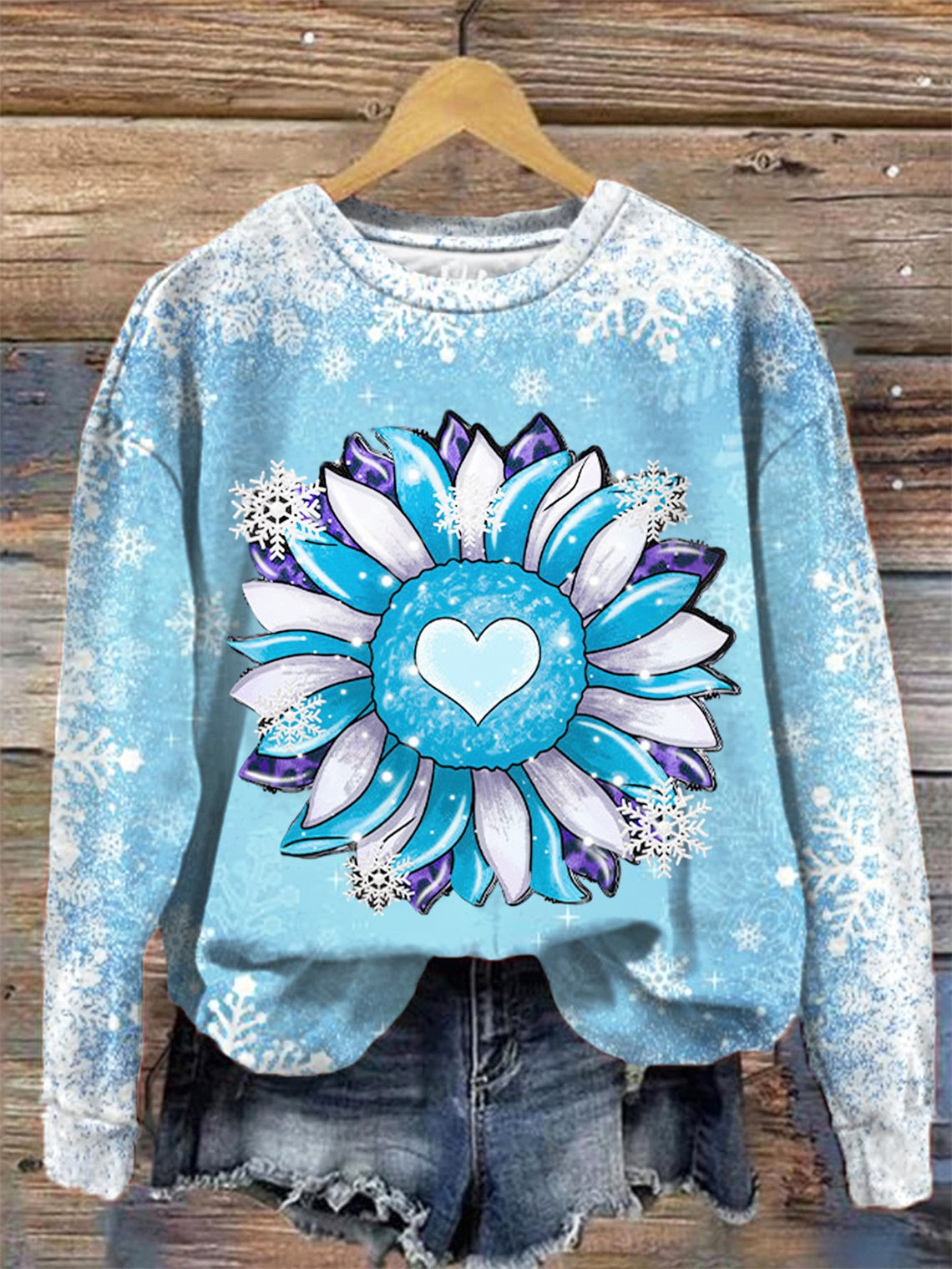 Snowflake Sunflower Winter Crew Neck Long Sleeve Top
