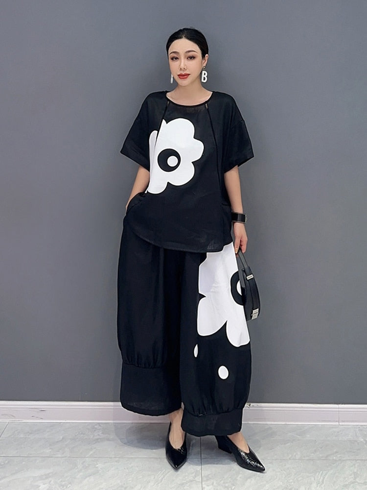 Black Short Sleeve Floral Tunic Top & Wide Leg Pants 2-Piece Set