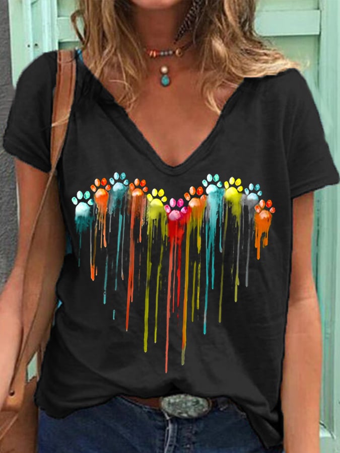 Women's Colorful Dog Paw Heart Print V-Neck T-Shirt