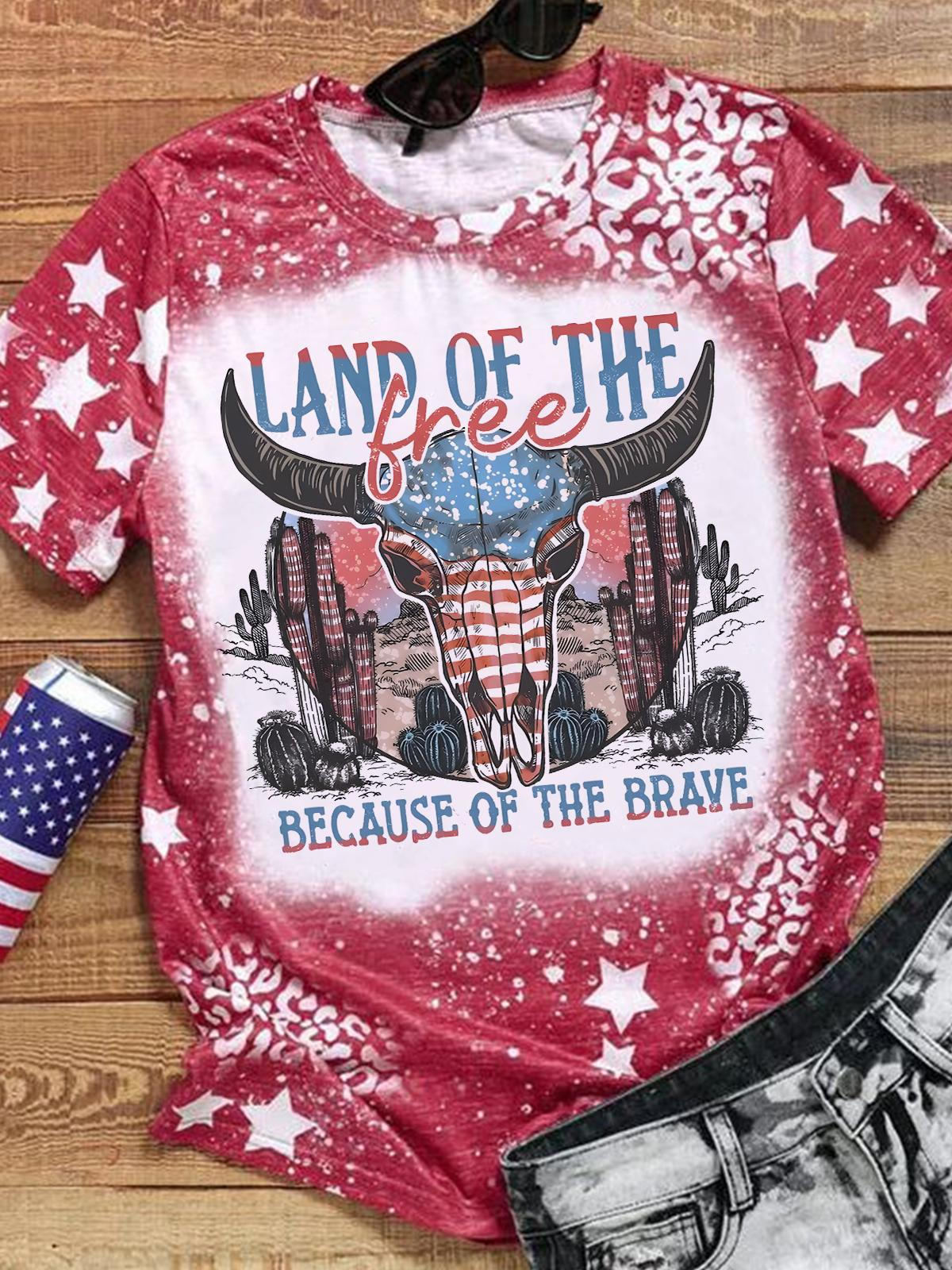 Land Of Free Because Of The Brave Cow Skull Print Tie Dye T-shirt